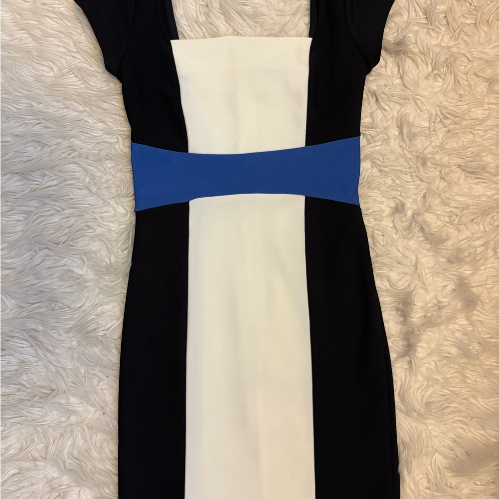 Chic Colorblock Mini Dress in Black, White, and Blue